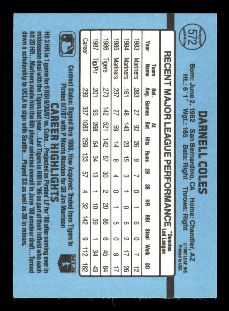 1988 Donruss #572 Darnell Coles NM-MT Pittsburgh Pirates Baseball Card - Baseball Card Single
