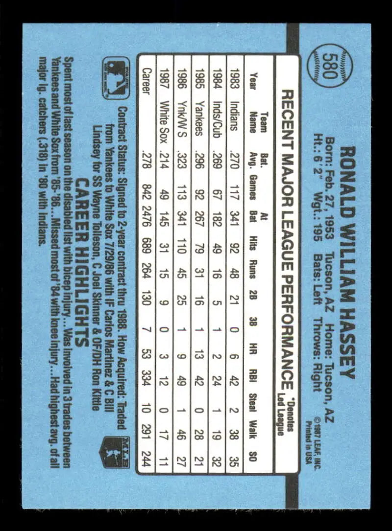 1988 Donruss #580 Ron Hassey NM-MT Chicago White Sox Baseball Card - Baseball Card Single