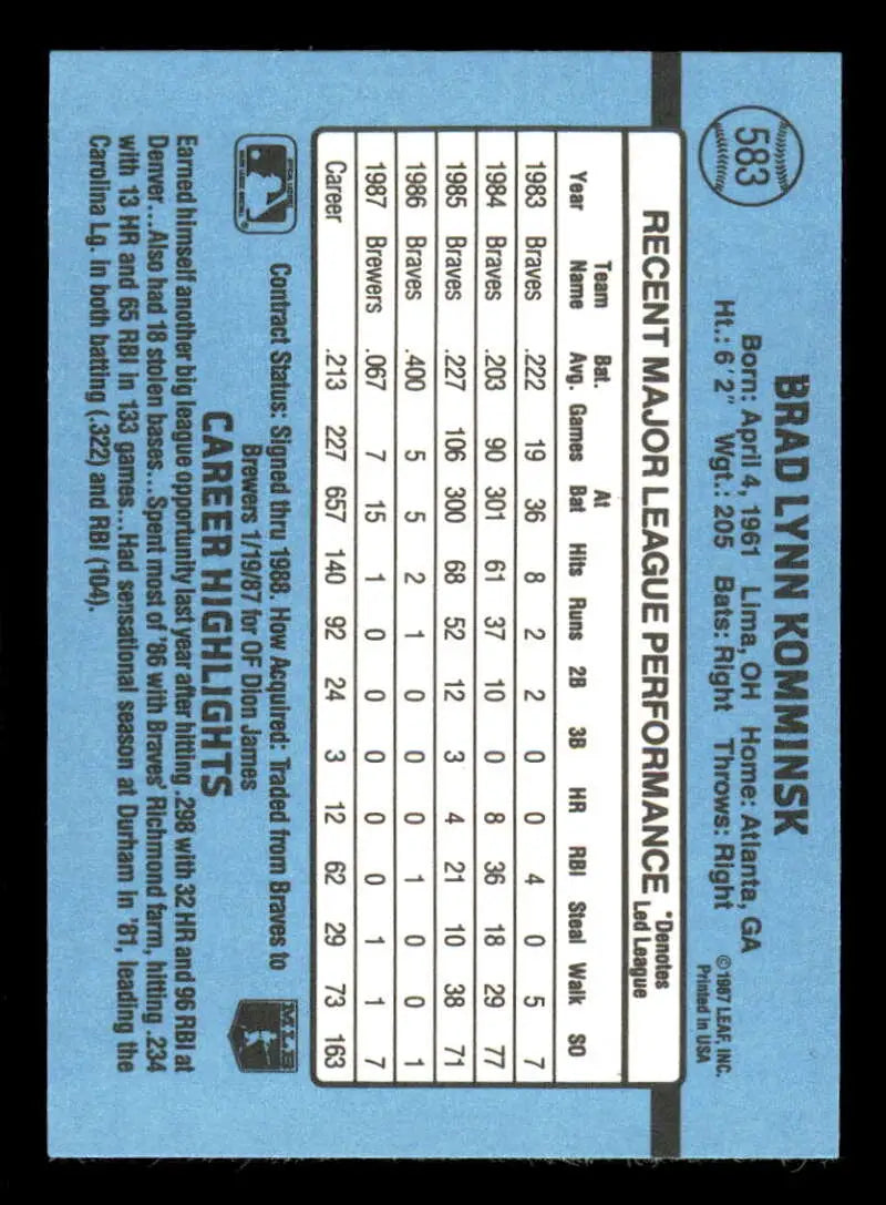 1988 Donruss #583 Brad Komminsk NM-MT Milwaukee Brewers Baseball Card - Baseball Card Single