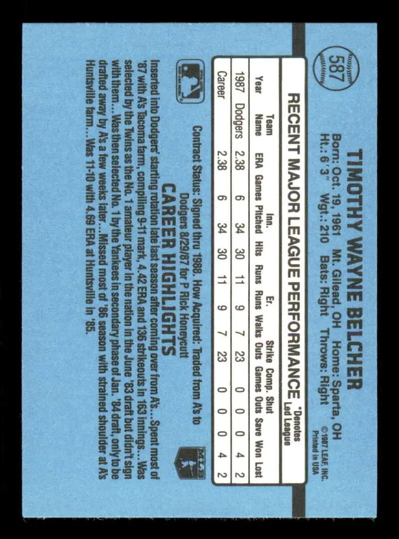 1988 Donruss #587 Tim Belcher NM-MT Los Angeles Dodgers Baseball Card - Baseball Card Single