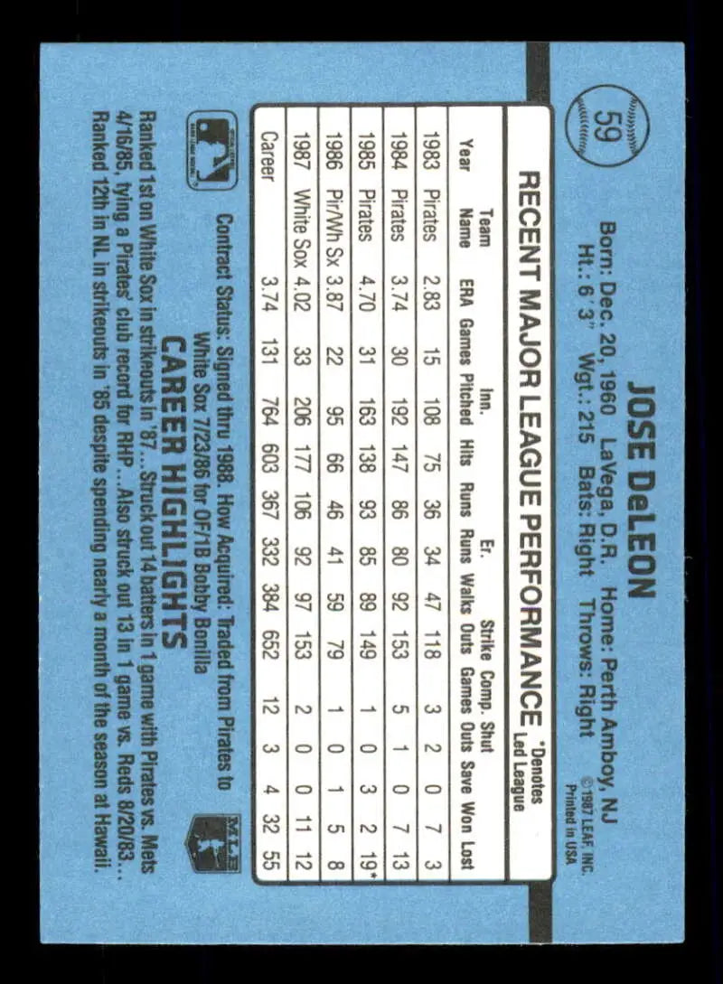 1988 Donruss #59 Jose DeLeon NM-MT Chicago White Sox Baseball Card - Baseball Card Single