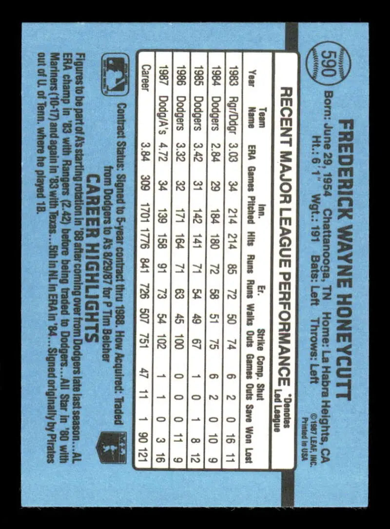 1988 Donruss #590 Rick Honeycutt NM-MT Oakland Athletics Baseball Card - Baseball Card Single