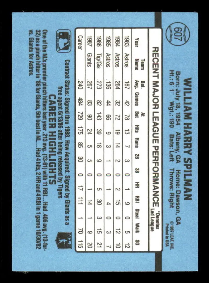 1988 Donruss #607 Harry Spilman NM-MT San Francisco Giants Baseball Card - Baseball Card Single