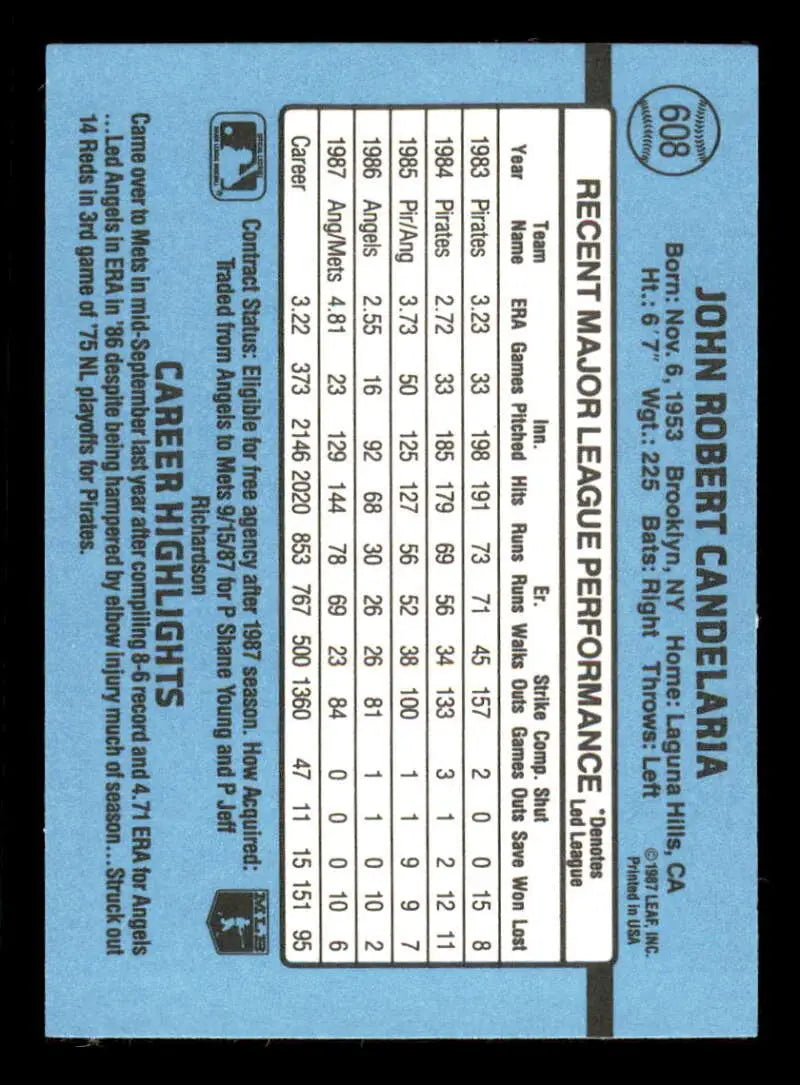 1988 Donruss #608 John Candelaria NM-MT New York Mets Baseball Card - Baseball Card Single