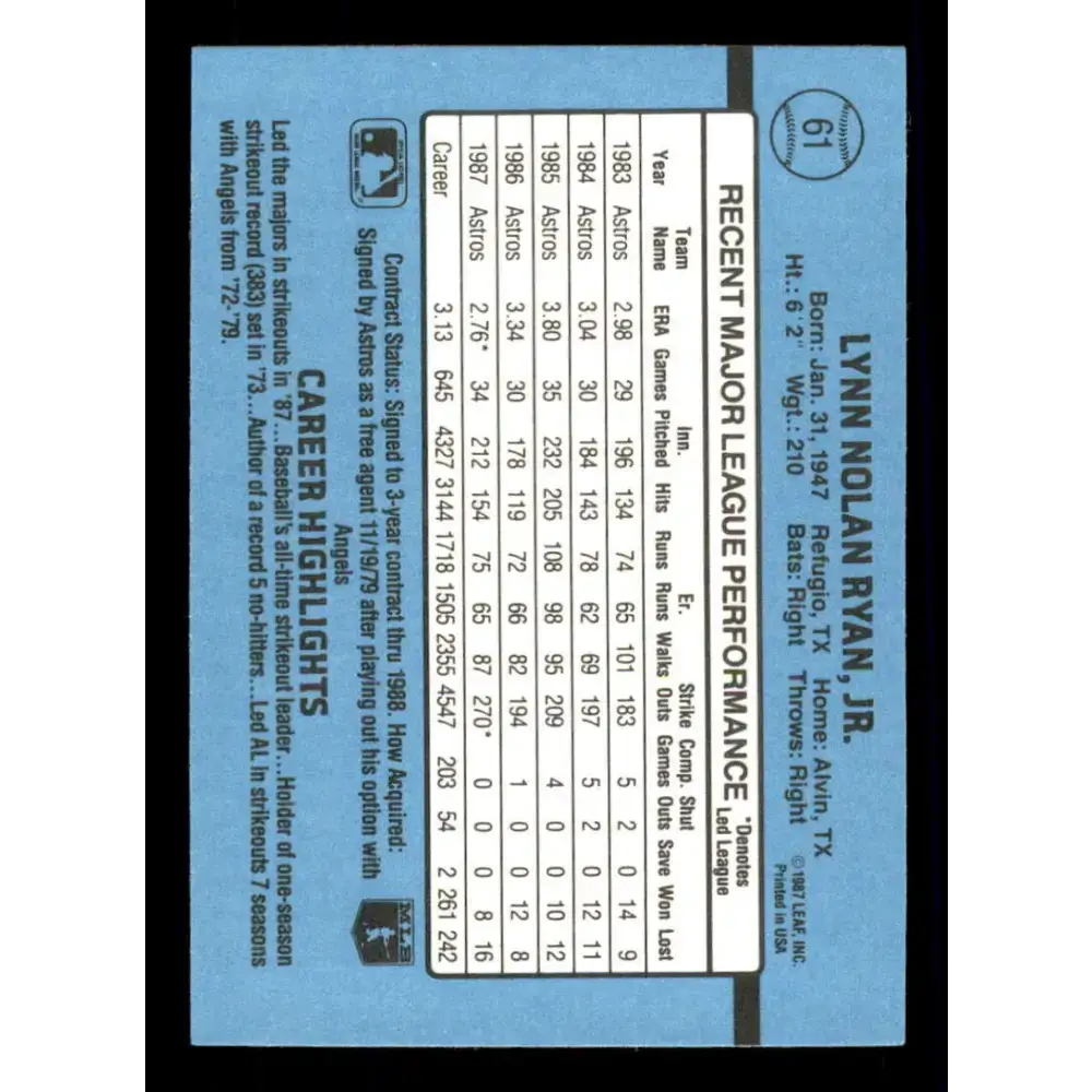 1988 Donruss #61 Nolan Ryan EX Houston Astros Baseball Card - Baseball Card Single