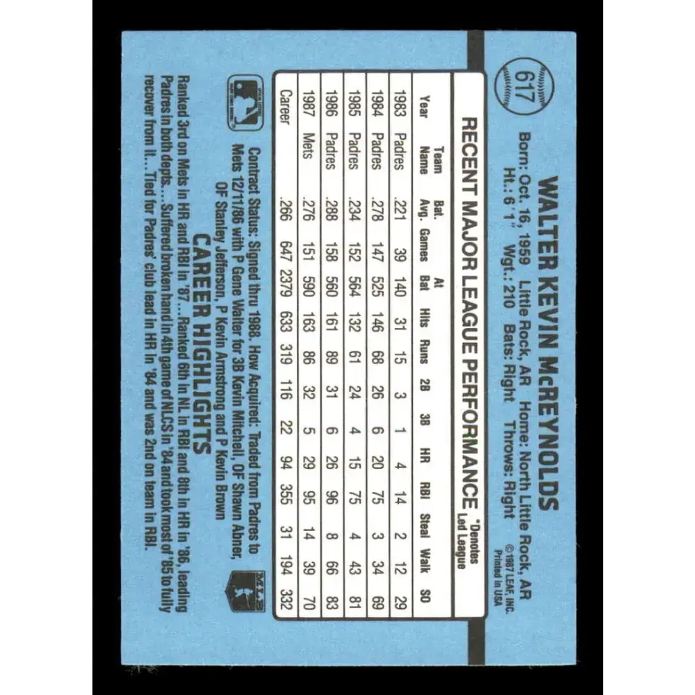 1988 Donruss #617 Kevin McReynolds EX SP New York Mets Baseball Card - Baseball Card Single