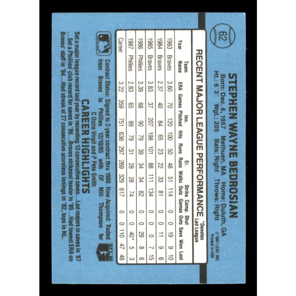 1988 Donruss #62 Steve Bedrosian EX Philadelphia Phillies Baseball Card Image 2