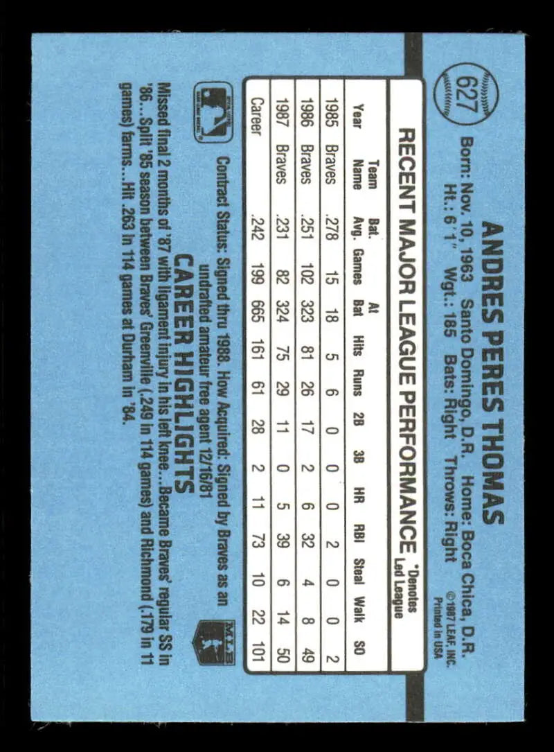 1988 Donruss #627 Andres Thomas NM-MT SP Atlanta Braves Baseball Card - Baseball Card Single