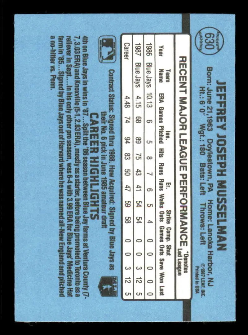 1988 Donruss #630 Jeff Musselman NM-MT SP Toronto Blue Jays Baseball Card - Baseball Card Single