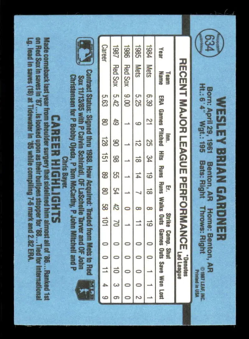 1988 Donruss #634 Wes Gardner NM-MT RC Rookie Boston Red Sox Baseball Card - Baseball Card Single