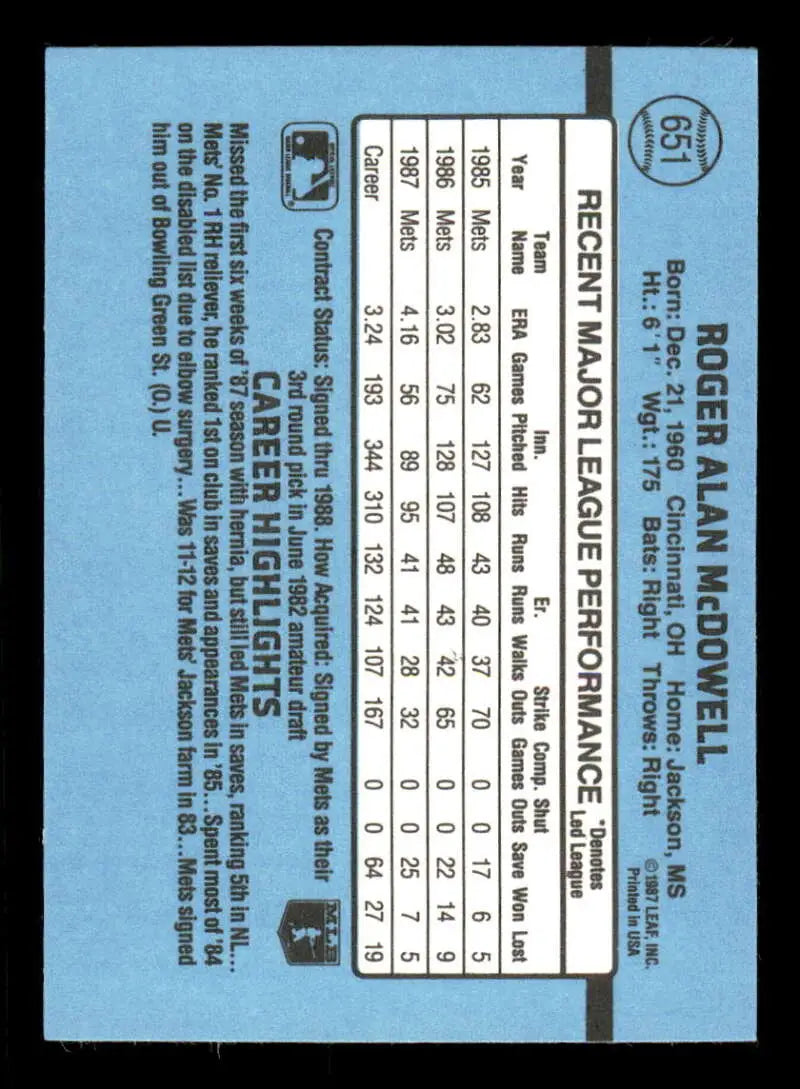 1988 Donruss #651 Roger McDowell NM-MT SP New York Mets Baseball Card - Baseball Card Single