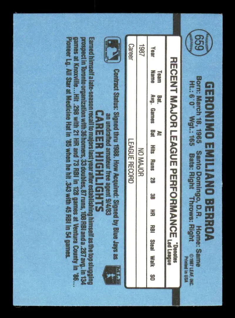 1988 Donruss #659 Geronimo Berroa NM-MT RC Rookie Toronto Blue Jays Baseball Card - Baseball Card Single
