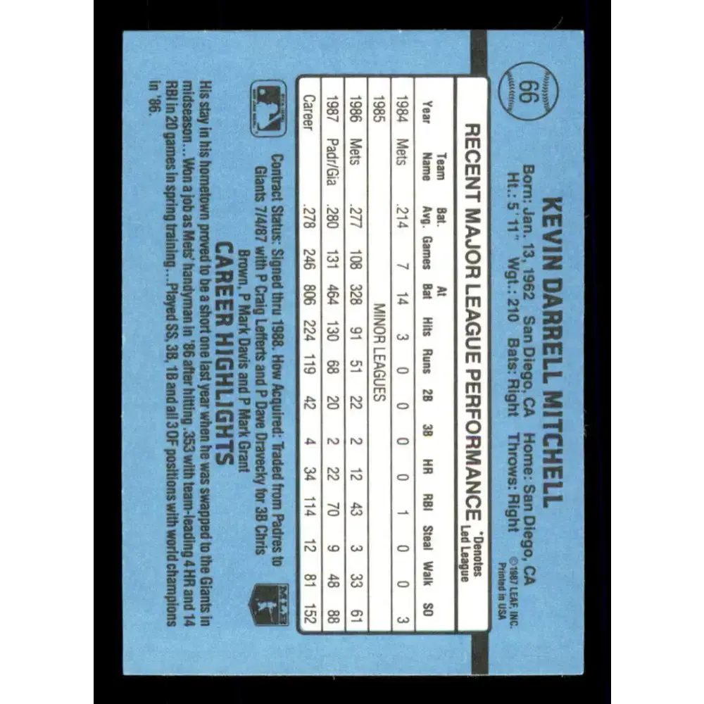 1988 Donruss #66 Kevin Mitchell EX San Francisco Giants Baseball Card Image 2