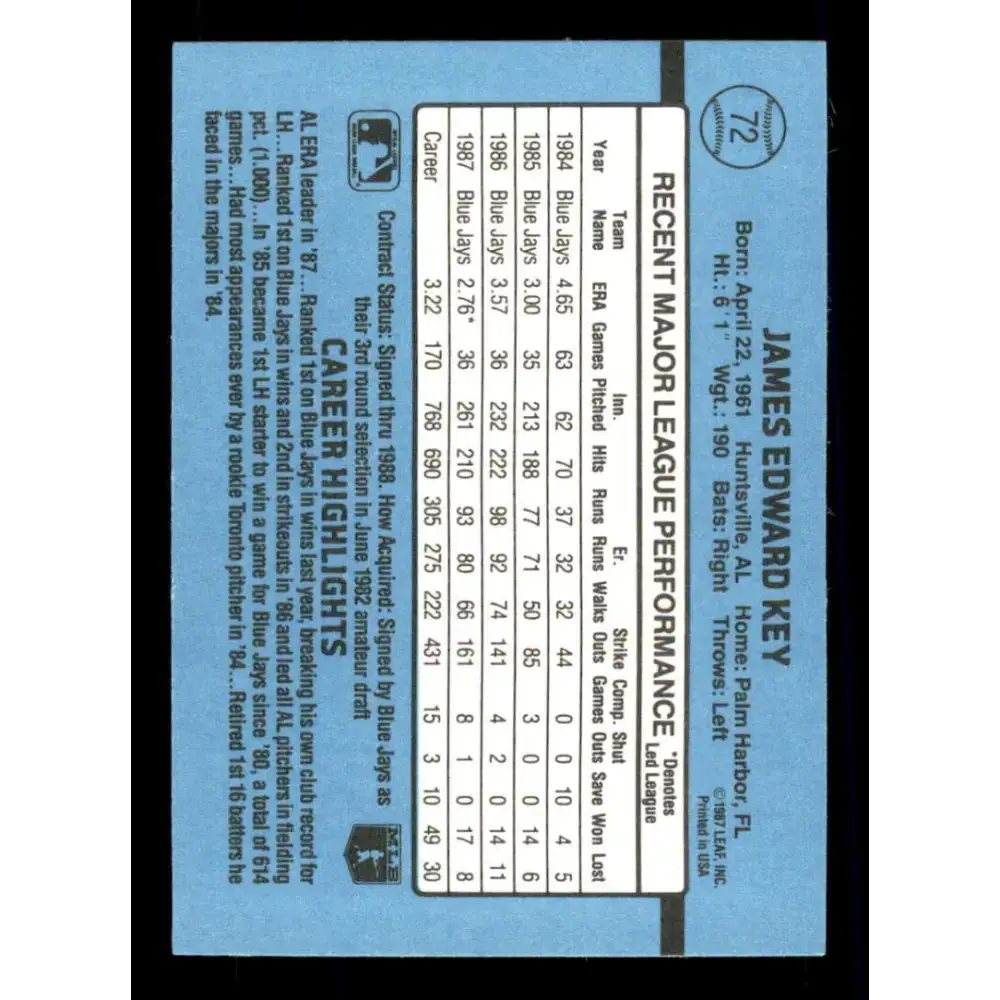 1988 Donruss #72 Jimmy Key EX Toronto Blue Jays Baseball Card - Baseball Card Single
