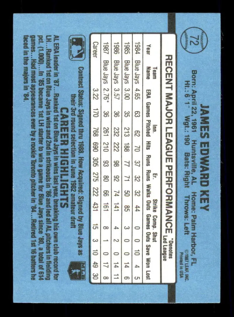 1988 Donruss #72 Jimmy Key NM-MT Toronto Blue Jays Baseball Card - Baseball Card Single