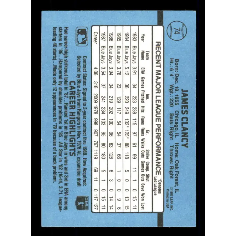 1988 Donruss #74 Jim Clancy EX Toronto Blue Jays Baseball Card - Baseball Card Single