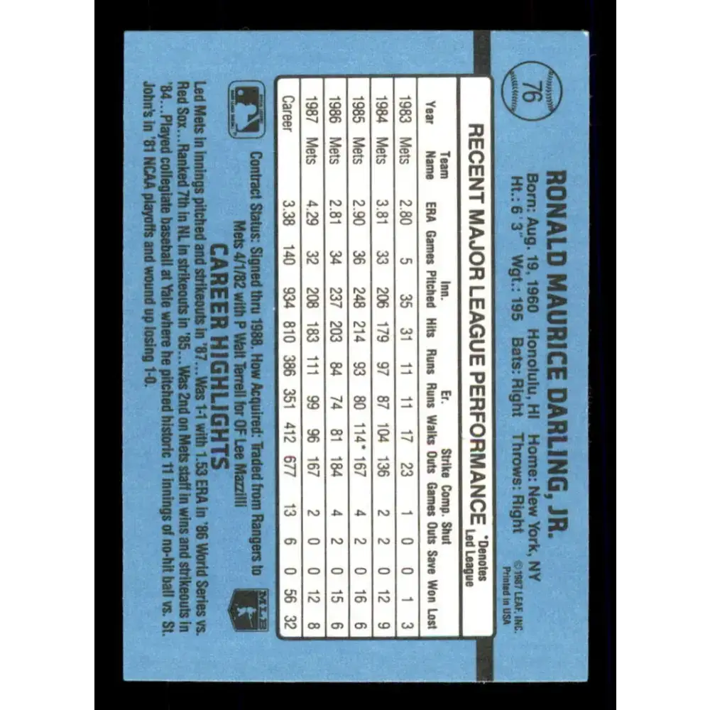 1988 Donruss #76 Ron Darling EX New York Mets Baseball Card - Baseball Card Single