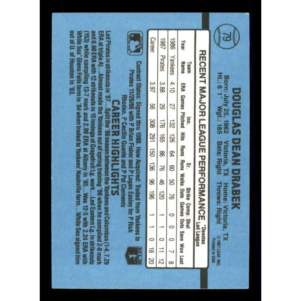 1988 Donruss #79 Doug Drabek EX Pittsburgh Pirates Baseball Card - Baseball Card Single