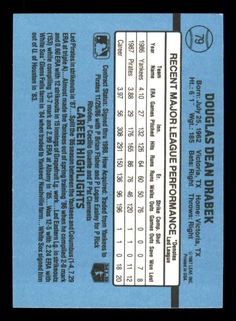 1988 Donruss #79 Doug Drabek NM-MT Pittsburgh Pirates Baseball Card - Baseball Card Single