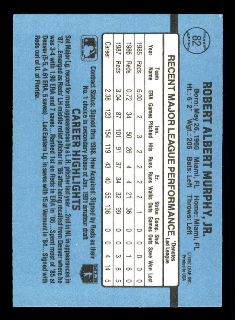 1988 Donruss #82 Rob Murphy NM-MT Cincinnati Reds Baseball Card - Baseball Card Single