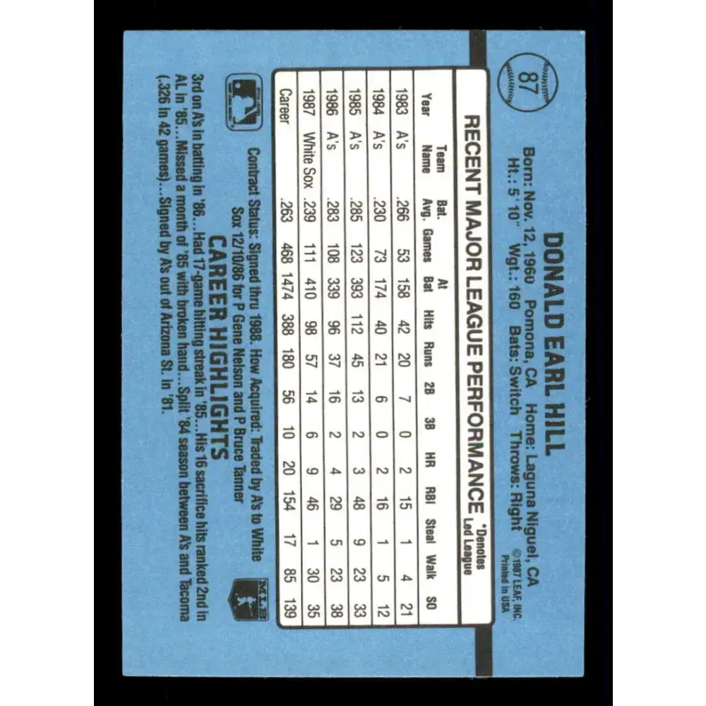 1988 Donruss #87 Donnie Hill EX Chicago White Sox Baseball Card - Baseball Card Single