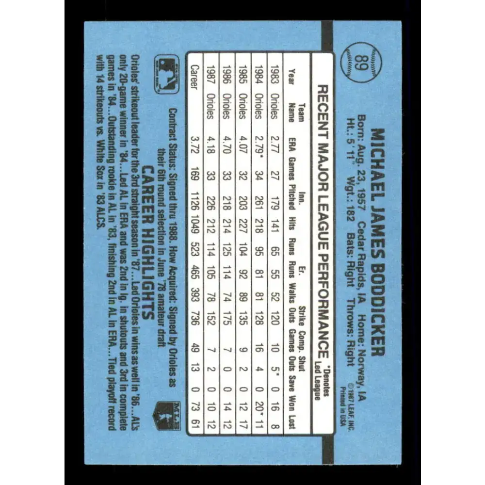 1988 Donruss #89 Mike Boddicker EX Baltimore Orioles Baseball Card - Baseball Card Single