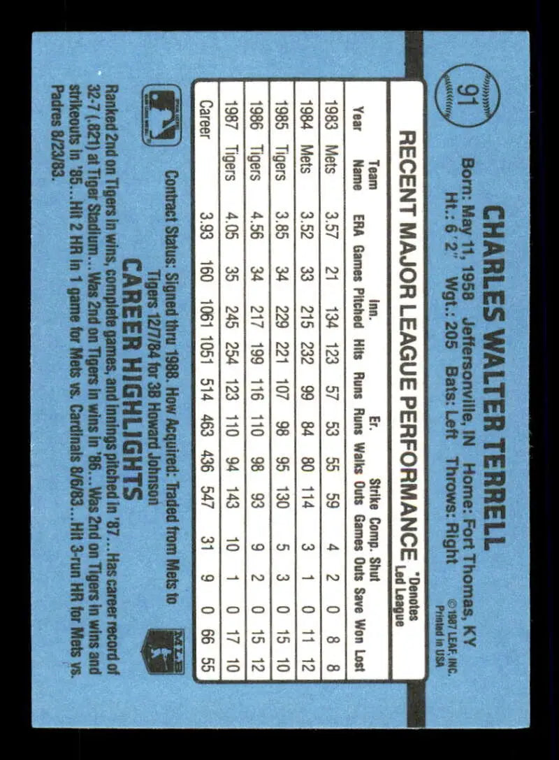 1988 Donruss #91 Walt Terrell NM-MT Detroit Tigers Baseball Card - Baseball Card Single