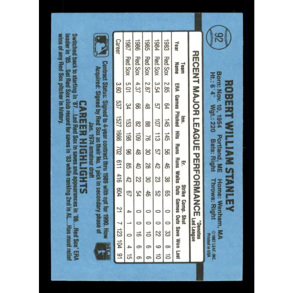 1988 Donruss #92 Bob Stanley EX Boston Red Sox Baseball Card - Baseball Card Single