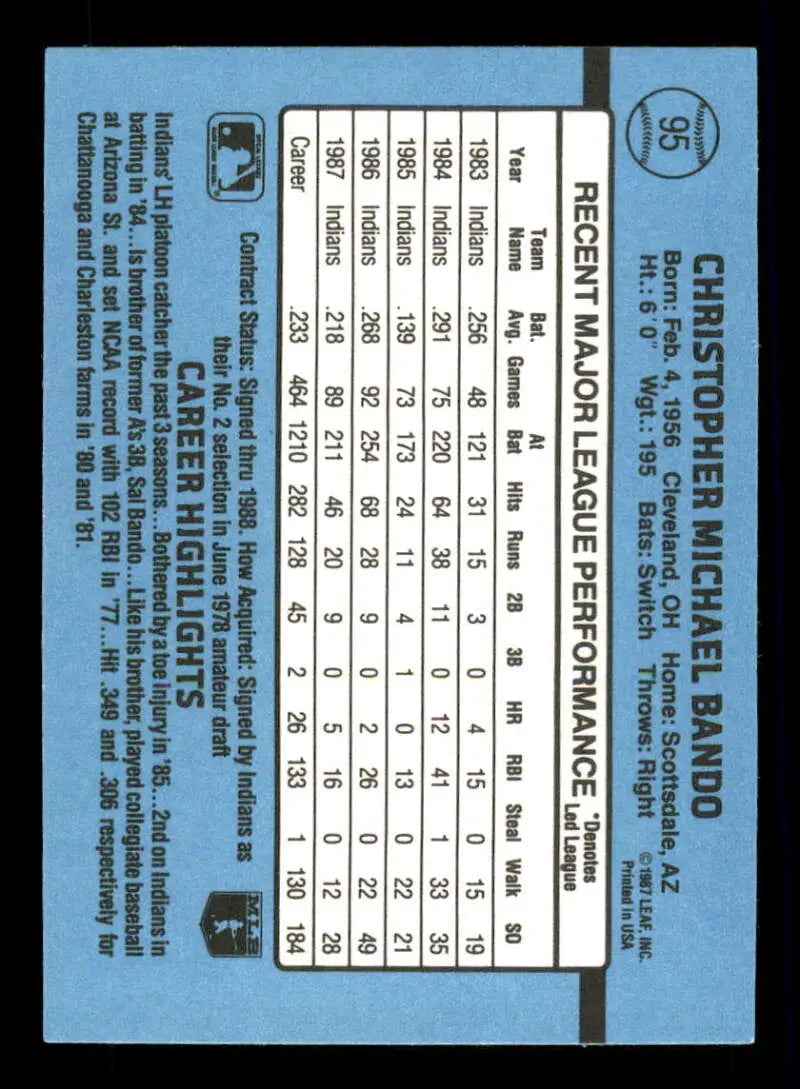 1988 Donruss #95 Chris Bando NM-MT Cleveland Indians Baseball Card - Baseball Card Single