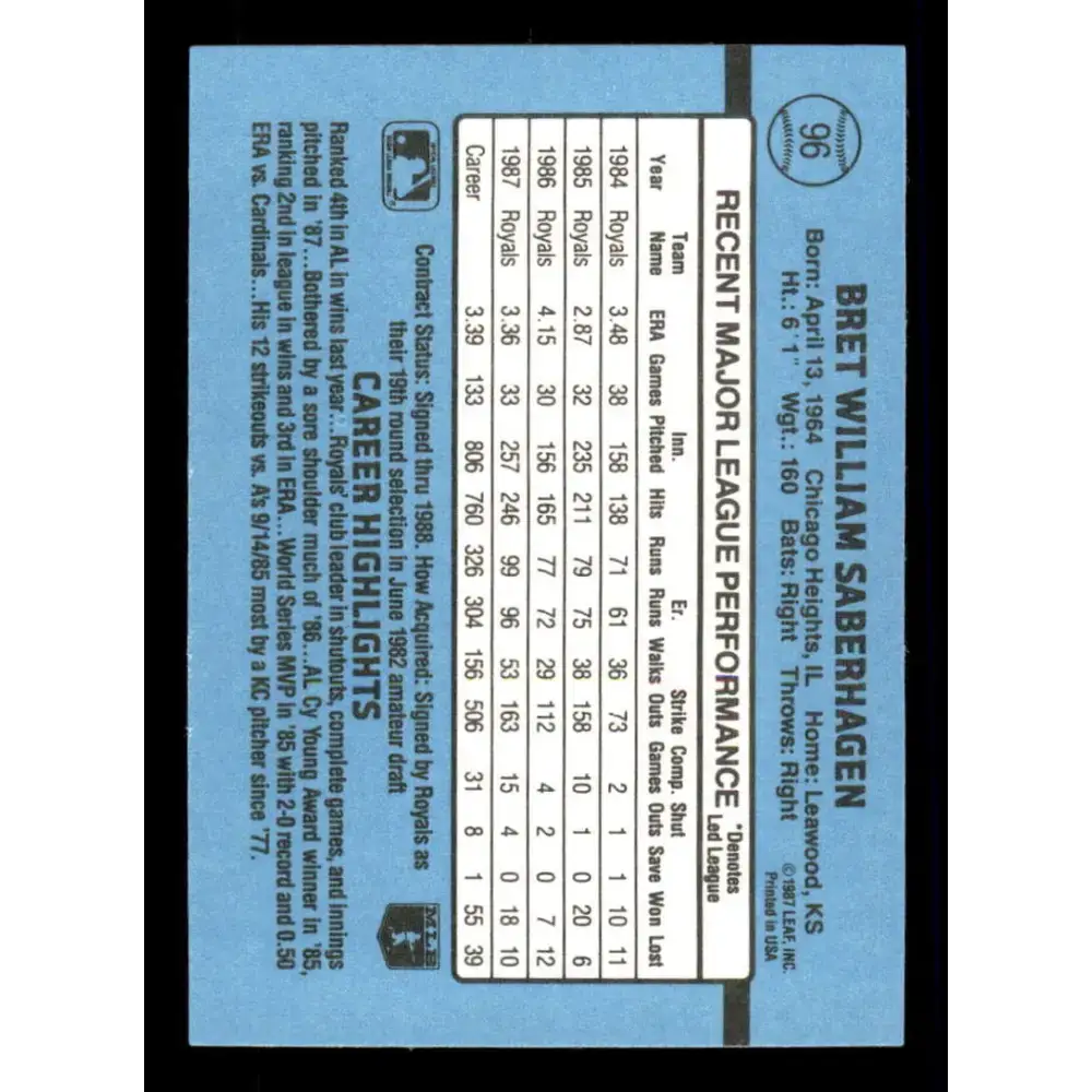 1988 Donruss #96 Bret Saberhagen EX Kansas City Royals Baseball Card - Baseball Card Single
