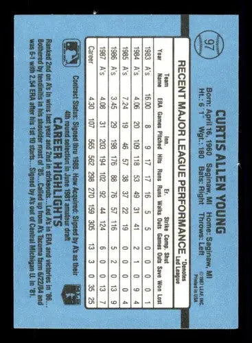 Baseball card back showing original gloss for Curt Young from 1988 Donruss Simply Sandoval series