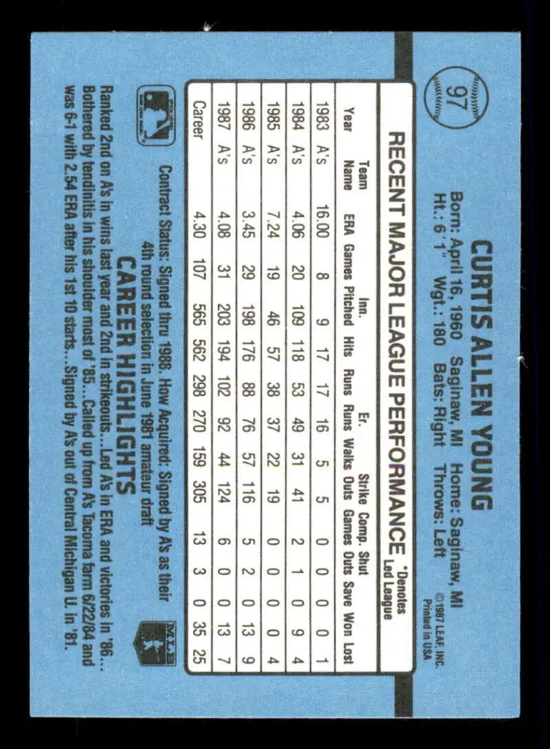 1988 Donruss #97 Curt Young NM-MT Oakland Athletics Baseball Card - Baseball Card Single
