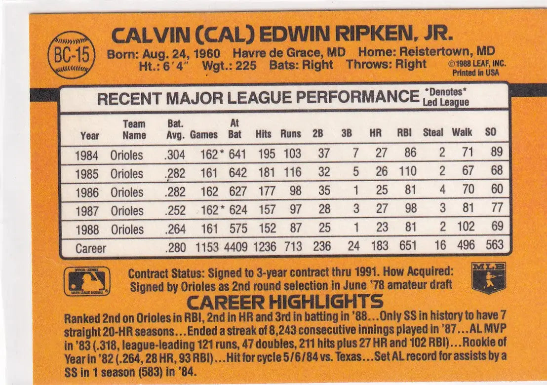 1988 DONRUSS #BC-15 CAL RIPKEN JR MVP- BALTIMORE ORIOLES - Baseball Card Single