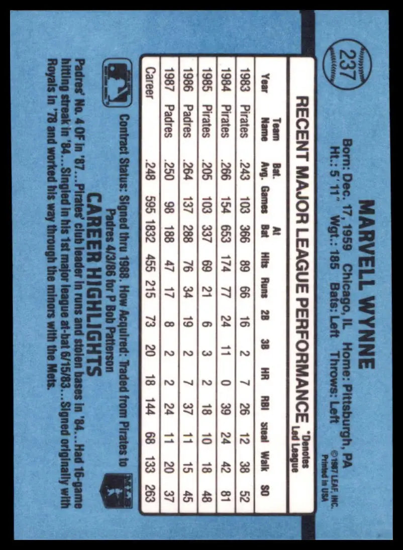 1988 Donruss Marvell Wynne 237 San Diego Padres NM - Baseball Card Single