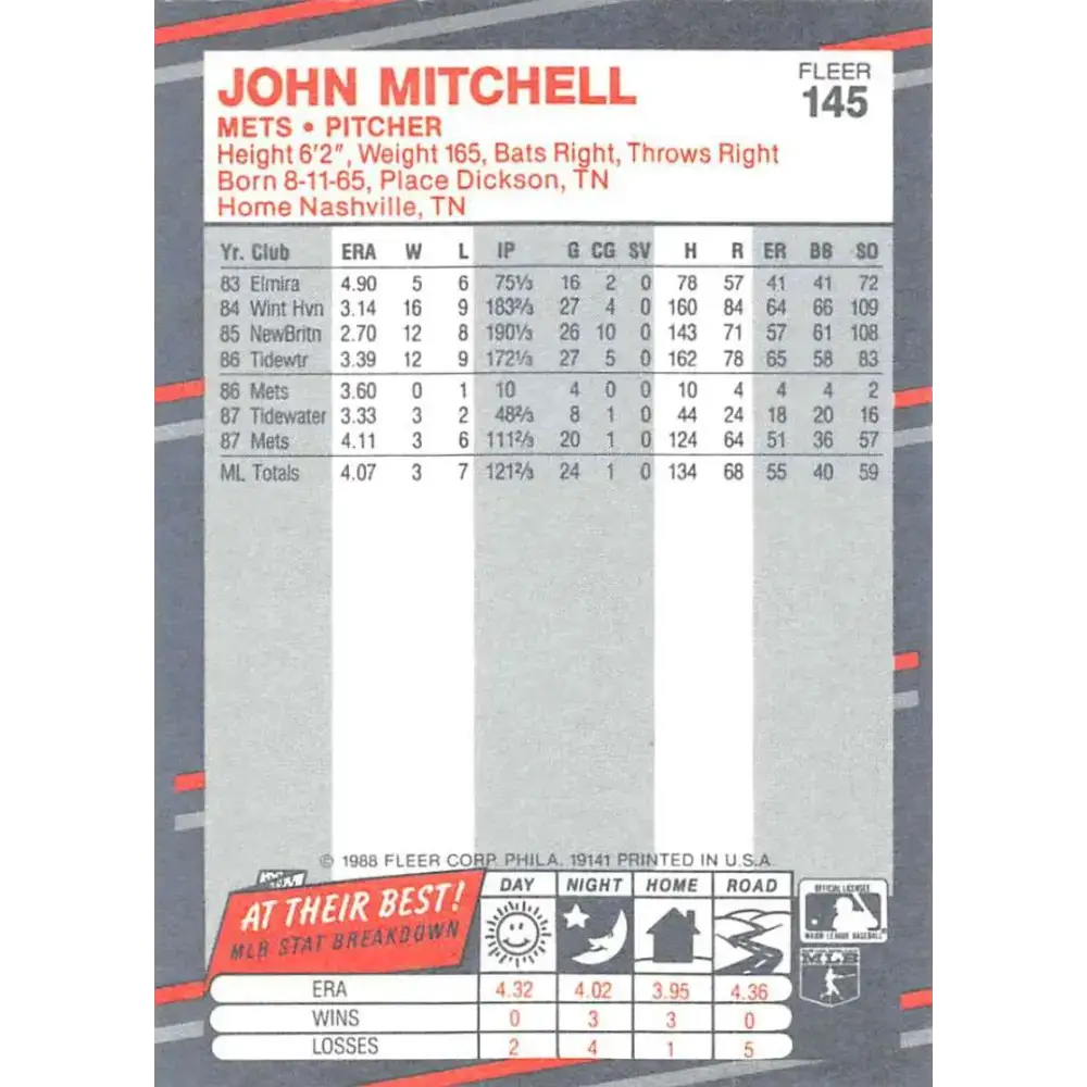 1988 Fleer #145 John Mitchell EX Excellent RC Rookie New York Mets Baseball Card - Baseball Card Single