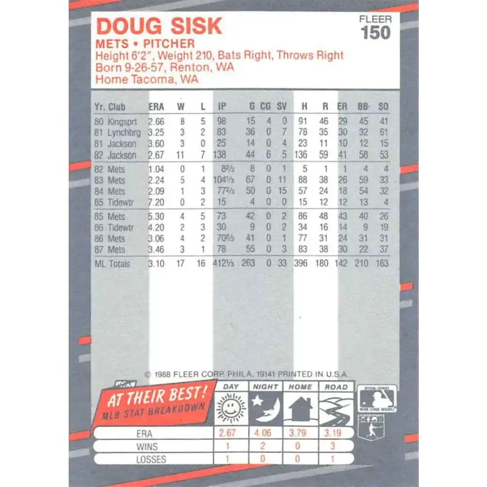 1988 Fleer #150 Doug Sisk EX Excellent New York Mets Baseball Card - Baseball Card Single