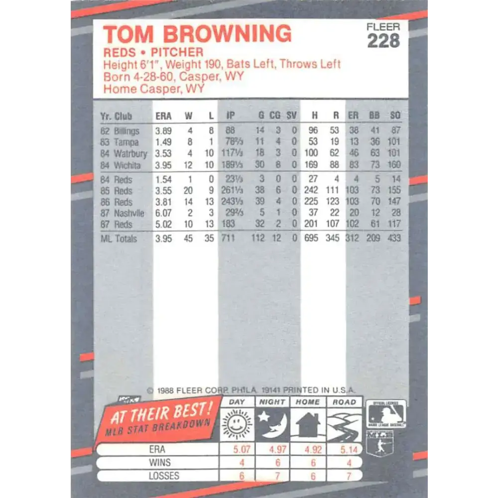 1988 Fleer #228 Tom Browning EX Excellent Cincinnati Reds Baseball Card - Baseball Card Single