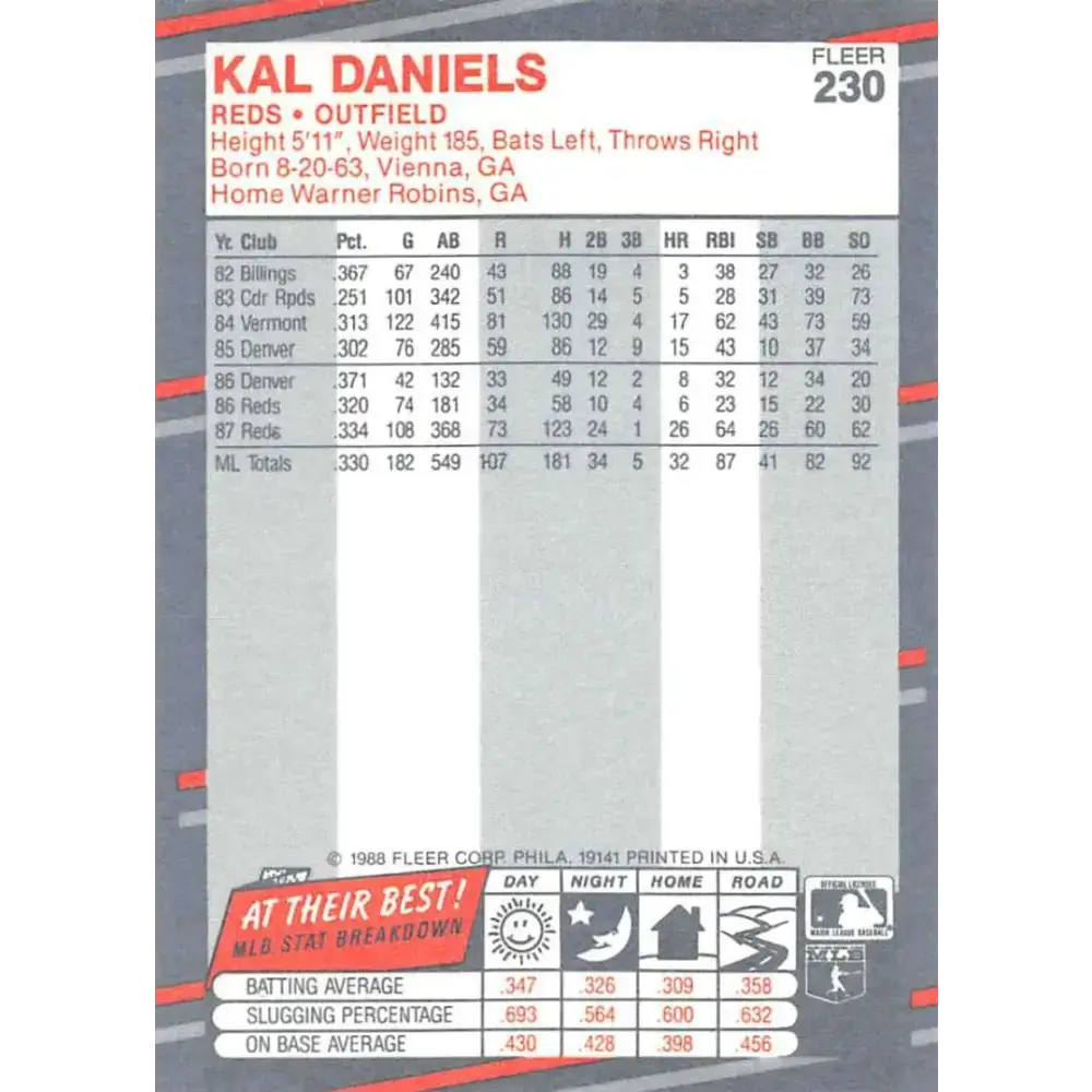 1988 Fleer #230 Kal Daniels EX Excellent Cincinnati Reds Baseball Card - Baseball Card Single