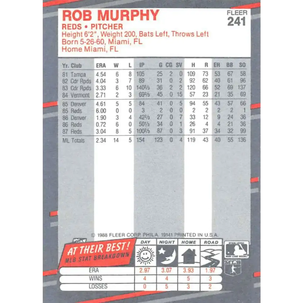 1988 Fleer #241 Rob Murphy EX Excellent Cincinnati Reds Baseball Card - Baseball Card Single