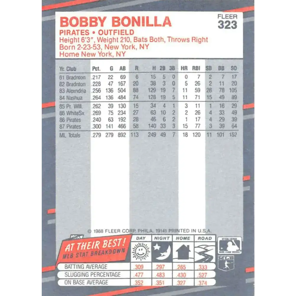 1988 Fleer #323 Bobby Bonilla EX Excellent Pittsburgh Pirates Baseball Card - Baseball Card Single