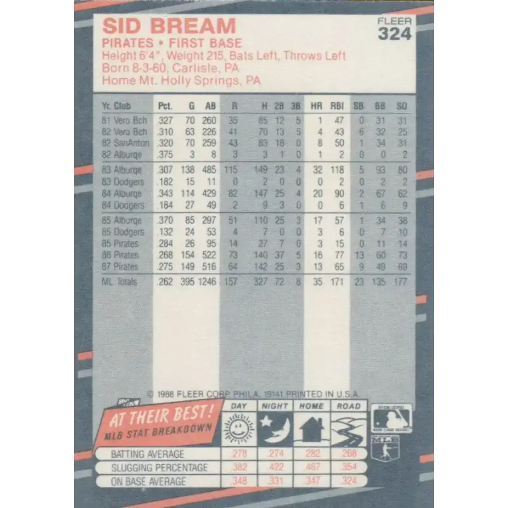 1988 Fleer #324 Sid Bream EX Excellent Pittsburgh Pirates Baseball Card - Baseball Card Single