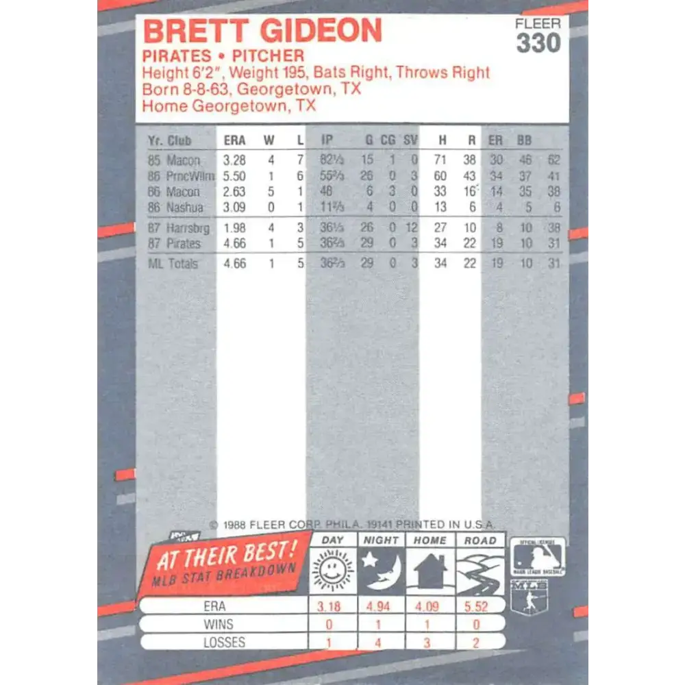 1988 Fleer #330 Brett Gideon EX Excellent RC Rookie Pittsburgh Pirates Baseball Card - Baseball Card Single