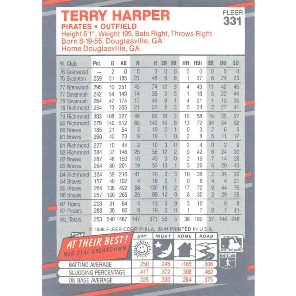 1988 Fleer #331 Terry Harper EX Excellent Pittsburgh Pirates Baseball Card - Baseball Card Single