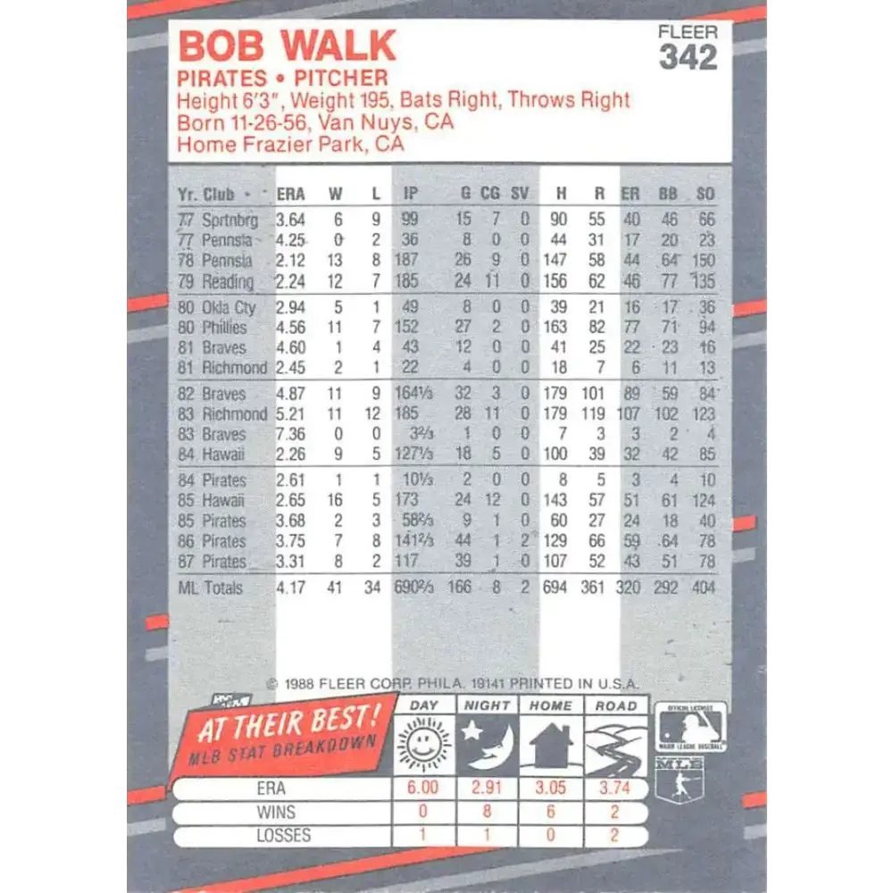 1988 Fleer #342 Bob Walk EX Excellent Pittsburgh Pirates Baseball Card - Baseball Card Single