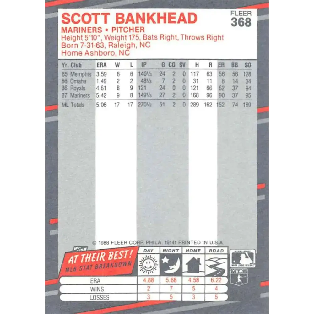 1988 Fleer #368 Scott Bankhead EX Excellent Seattle Mariners Baseball Card - Baseball Card Single
