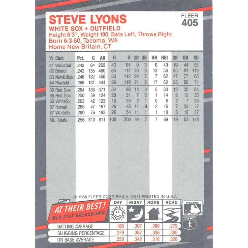 1988 Fleer #405 Steve Lyons EX Excellent Chicago White Sox Baseball Card - Baseball Card Single