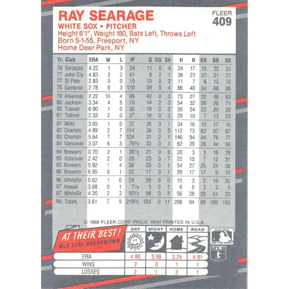 1988 Fleer #409 Ray Searage EX Excellent Chicago White Sox Baseball Card - Baseball Card Single