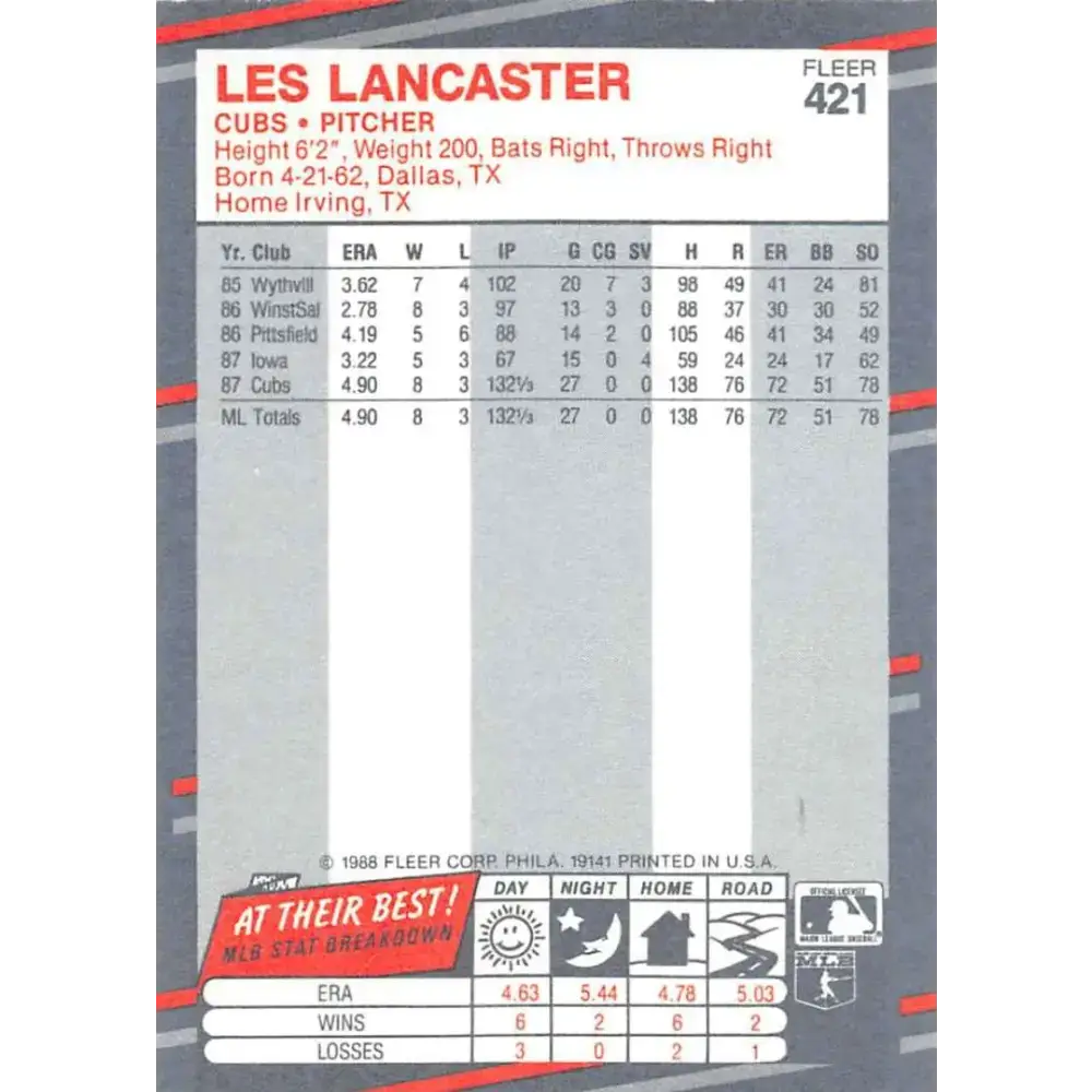 1988 Fleer #421 Les Lancaster EX Excellent RC Rookie Chicago Cubs Baseball Card - Baseball Card Single