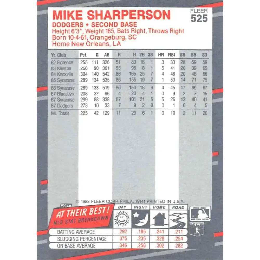 1988 Fleer #525 Mike Sharperson EX Excellent Los Angeles Dodgers Baseball Card - Baseball Card Single