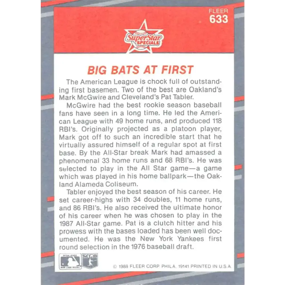 1988 Fleer #633 Pat Tabler/Mark McGwire EX Excellent Cleveland Indians/Oakland Athletics Baseball Card